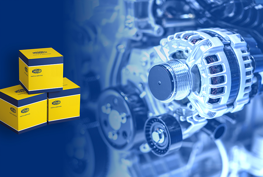 Alternateur et boîtes bleu jaune Magneti Marelli Parts & Services