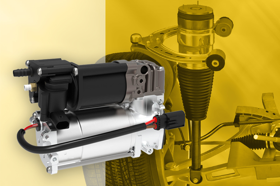 Compresseur pour suspensions pneumatiques Magneti Marelli Parts & Services au premier plan, avec roue, essieu et système de suspension pneumatique à l’arrière pour illustrer l’application de la pièce.