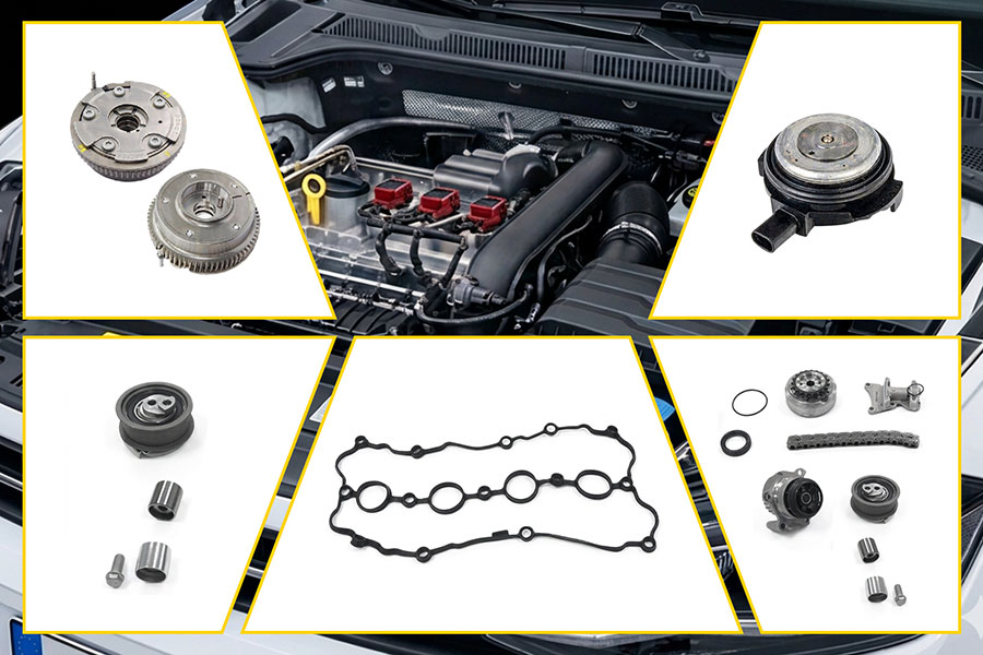 Compartiment moteur avec un collage de composants de distribution moteur Magneti Marelli Parts & Services : kit de chaîne de distribution, Super Kit, phaseur VVT et électrovanne OCV.