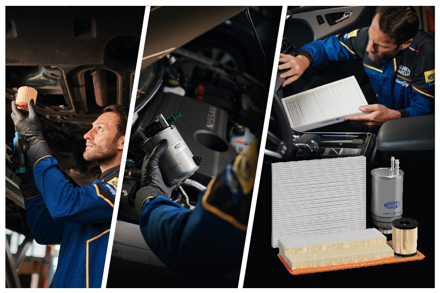 Een Magneti Marelli Checkstar-monteur past autofil filters toe: motorolie, dieselfilter en interieurfilter. Benadrukt het volledige assortiment van Magneti Marelli Parts & Services-filters.